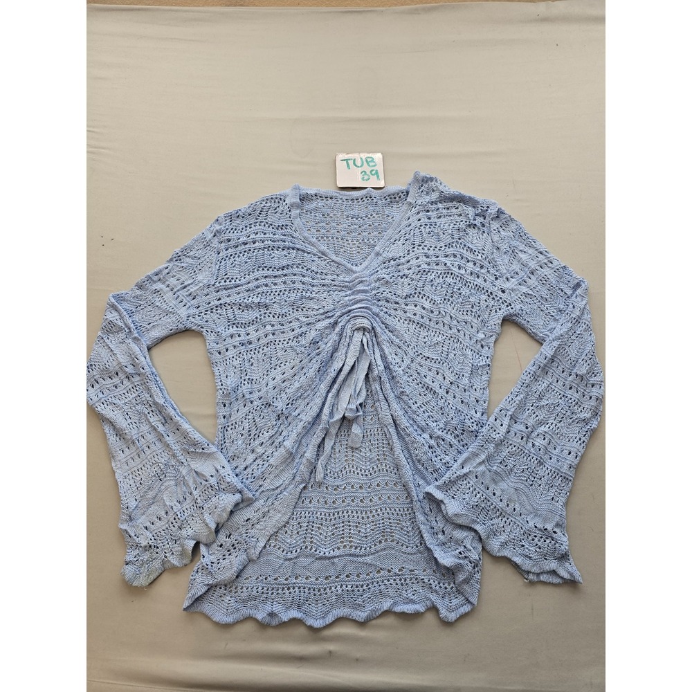 Blue Crochet Knit Bell Sleeve Tie Front Cardigan Top RT5525 Medium
